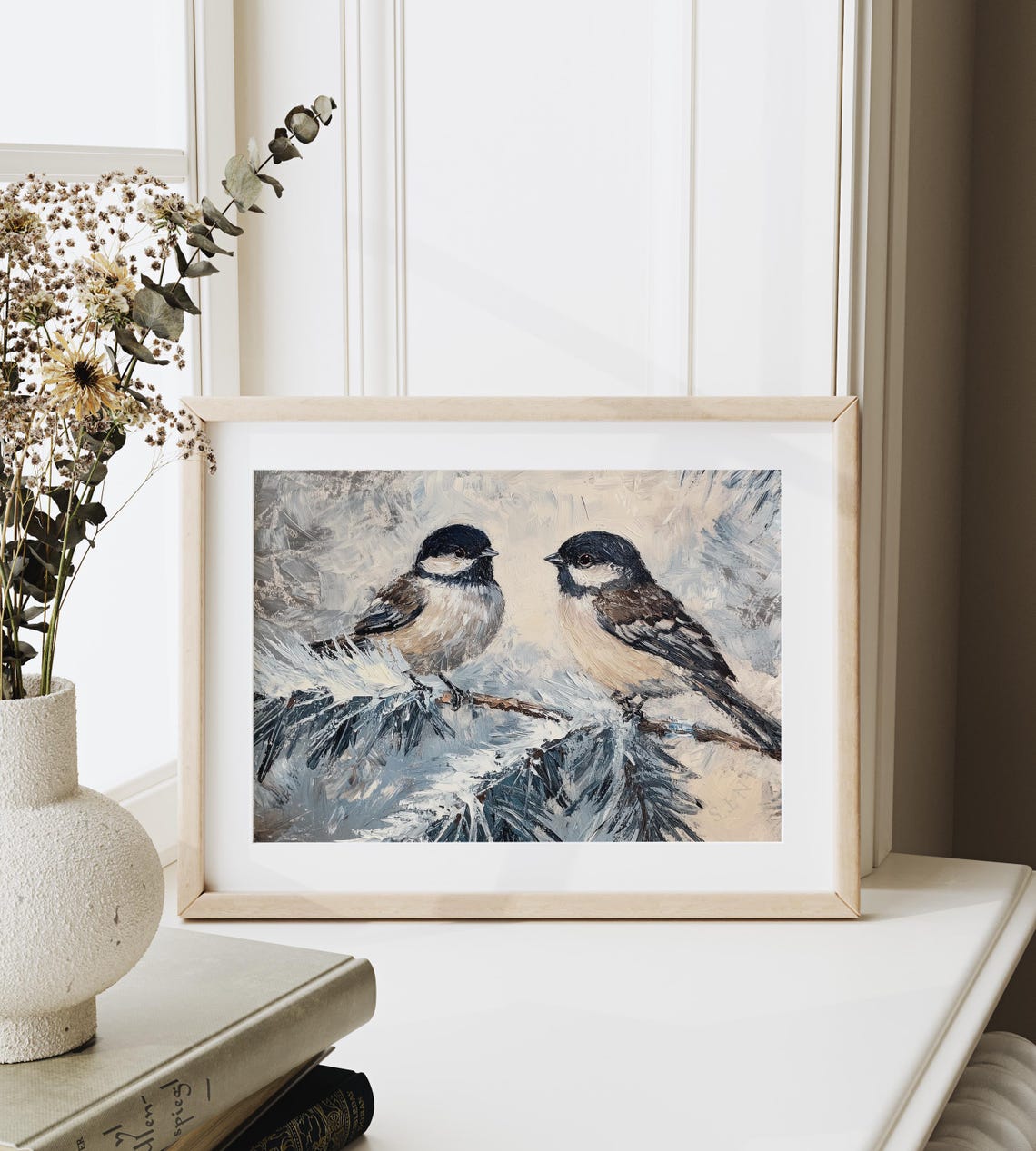 Two Chickadees On A Frosted Pine Branch In A Snowy Scene Poster - Image 6