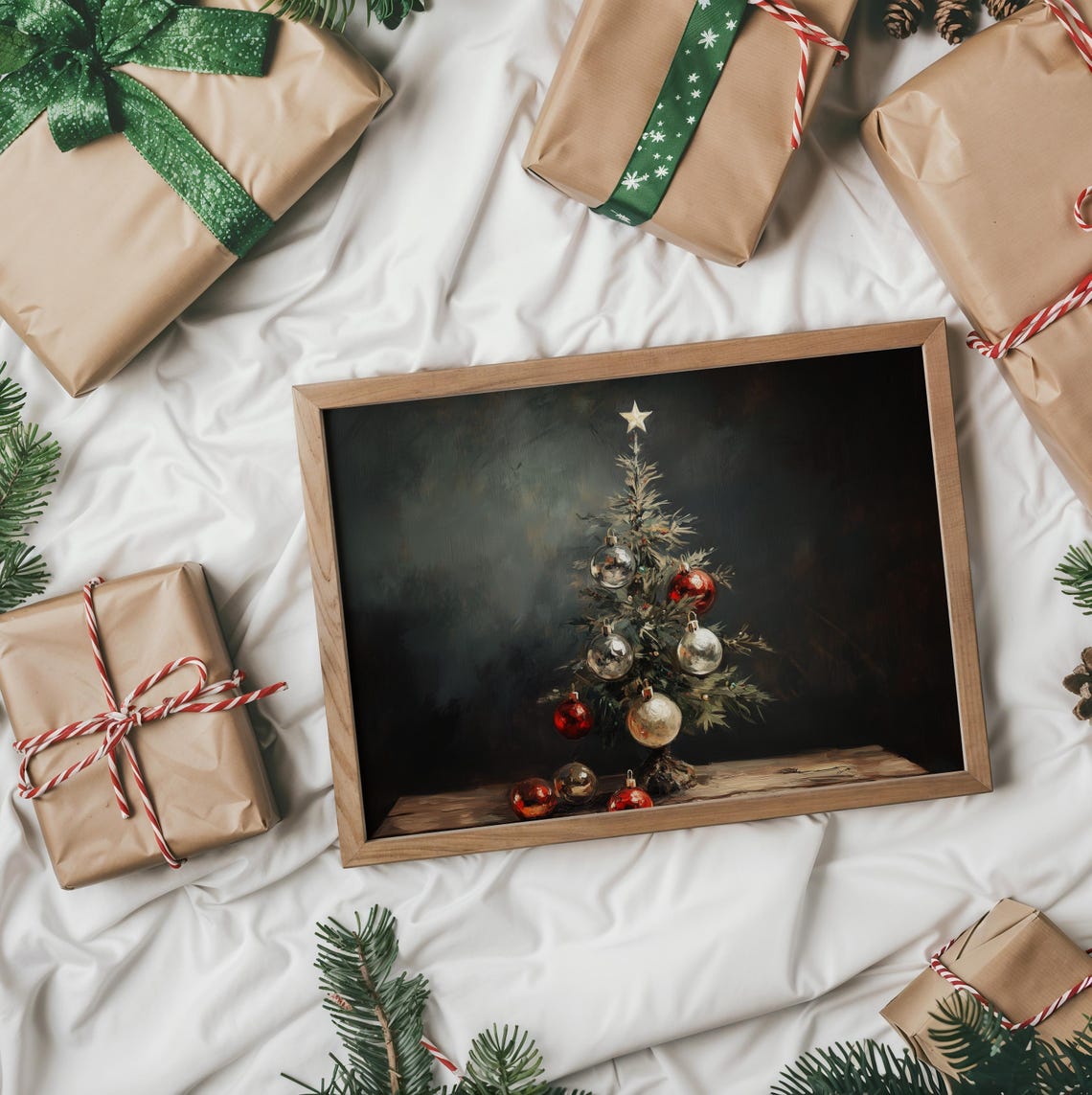 Small Christmas Tree With Red And Silver Ornaments On Table Poster - Image 2