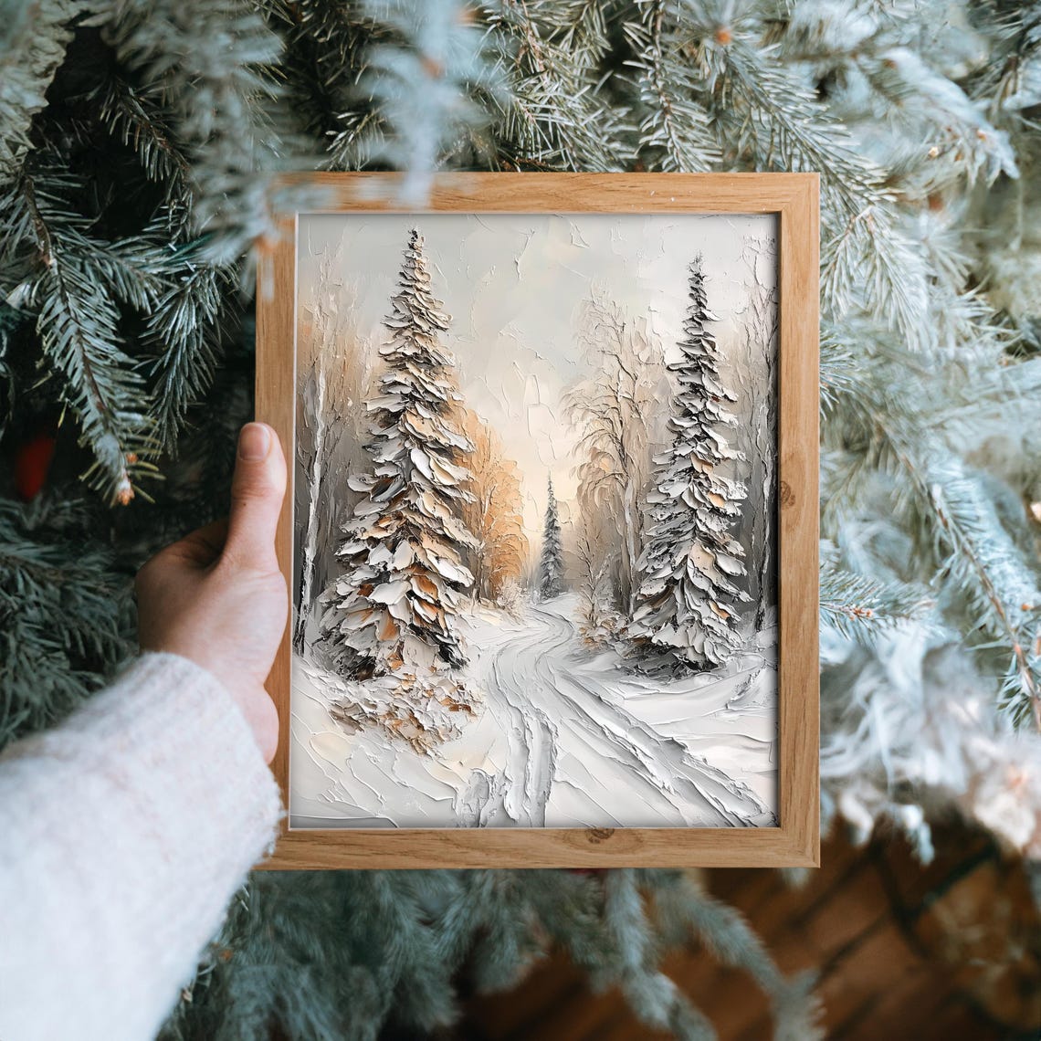 Thick Impasto Snowy Spruce Forest Path Textured Winter Poster - Image 6
