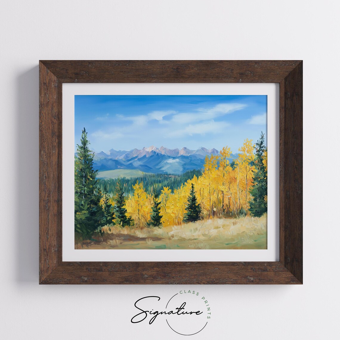 Fall Mountain Landscape Golden Aspens Blue Peaks Pine Trees Painting Poster - Image 5