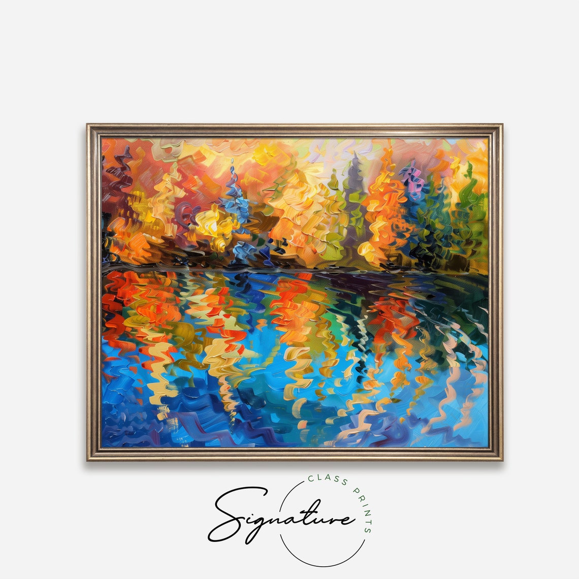 Fiery Autumn Trees Reflected In Deep Blue Lake Impasto Oil Poster - Image 4