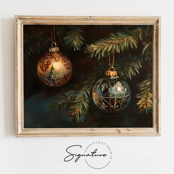 Gold And Green Glass Ornaments Wall Art Rustic Farmhouse Christmas Decor Warm Muted Colors Moody Holiday Painting Seasonal Art 2768
