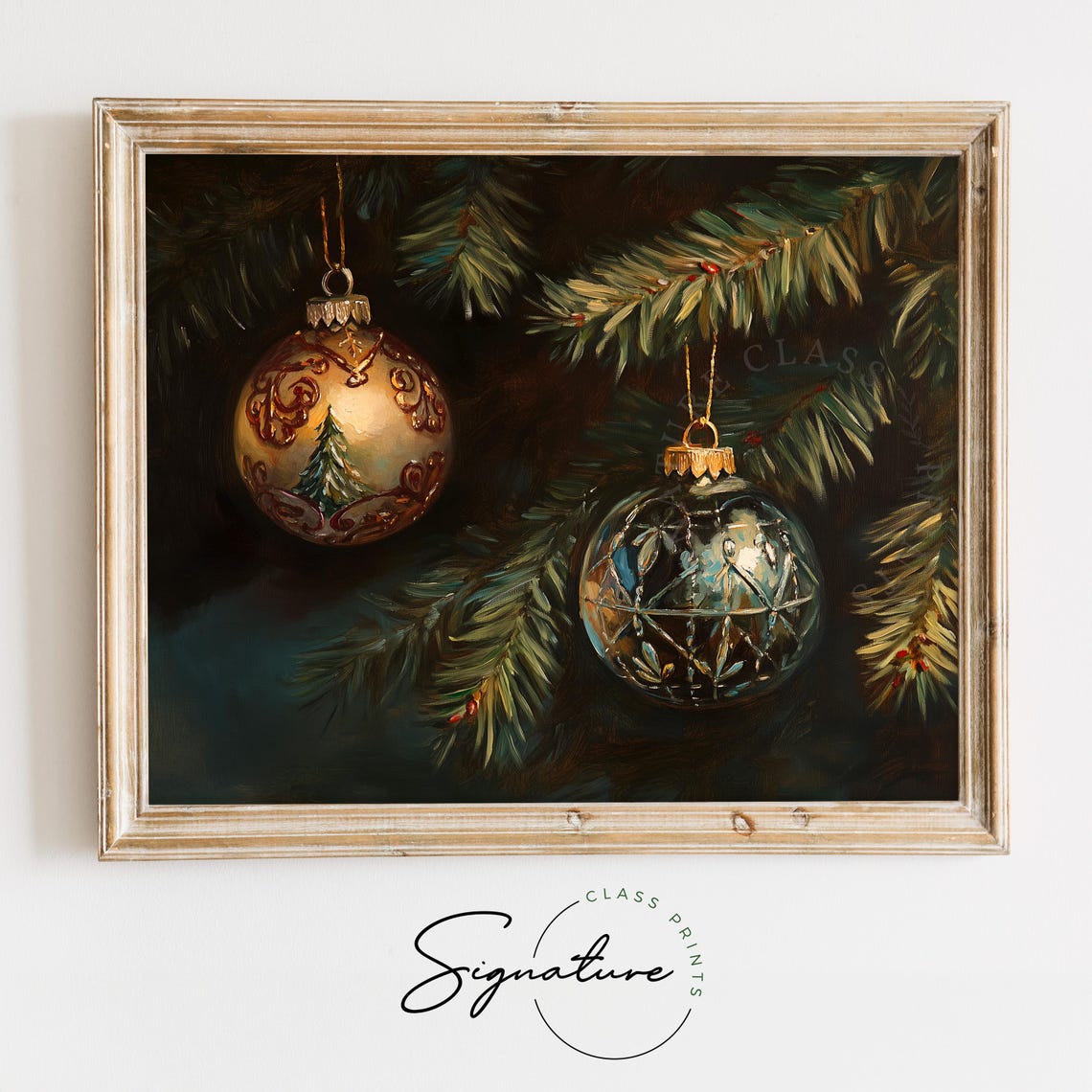 Gold And Green Glass Ornaments Wall Art Rustic Farmhouse Christmas Decor Warm Muted Colors Moody Holiday Painting Seasonal Art 2768