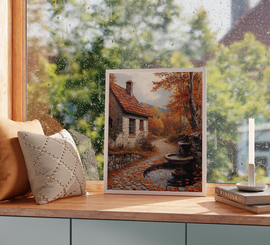 Stone Cottage Red Tile Roof Fountain Autumn Leafy Lane Print - Image 2