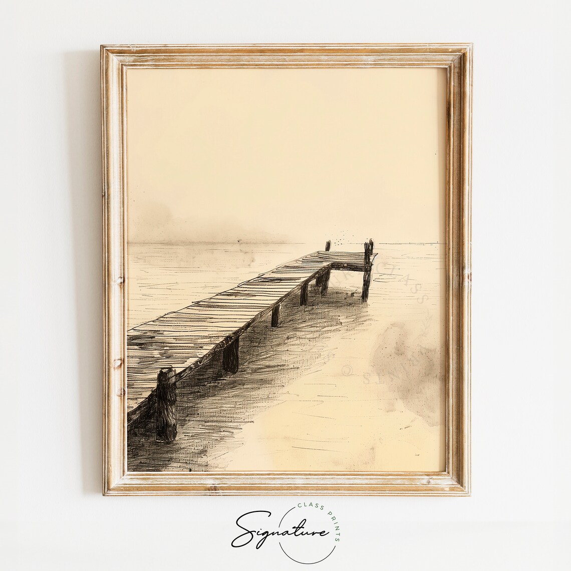 Old Wooden Pier On Misty Lake Sepia Ink Sketch Landscape Poster