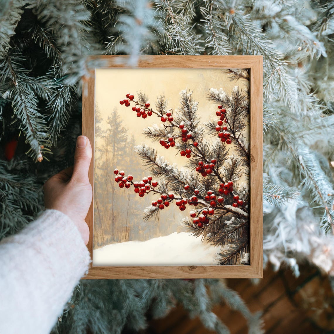 Red Winter Berries on Snow Dusted Pine Branches Botanical Poster - Image 6