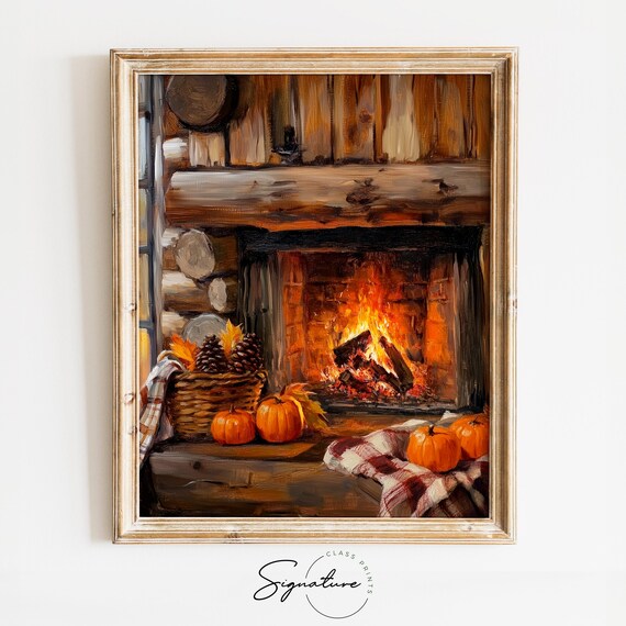 Cozy Log Cabin Fireplace with Pumpkins and a Pinecone Basket Poster