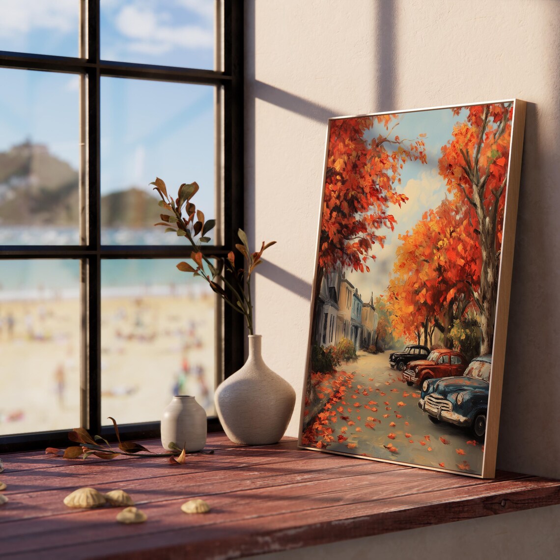 Row of Classic Cars Parked on a Charming Fall Street Painting Poster - Image 5