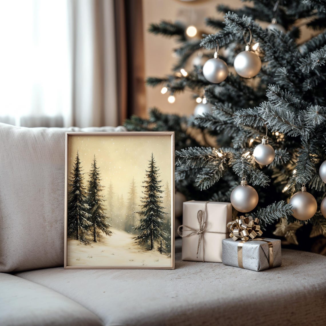 Frosted Pines in Falling Snow Golden Sepia Winter Forest Poster - Image 6