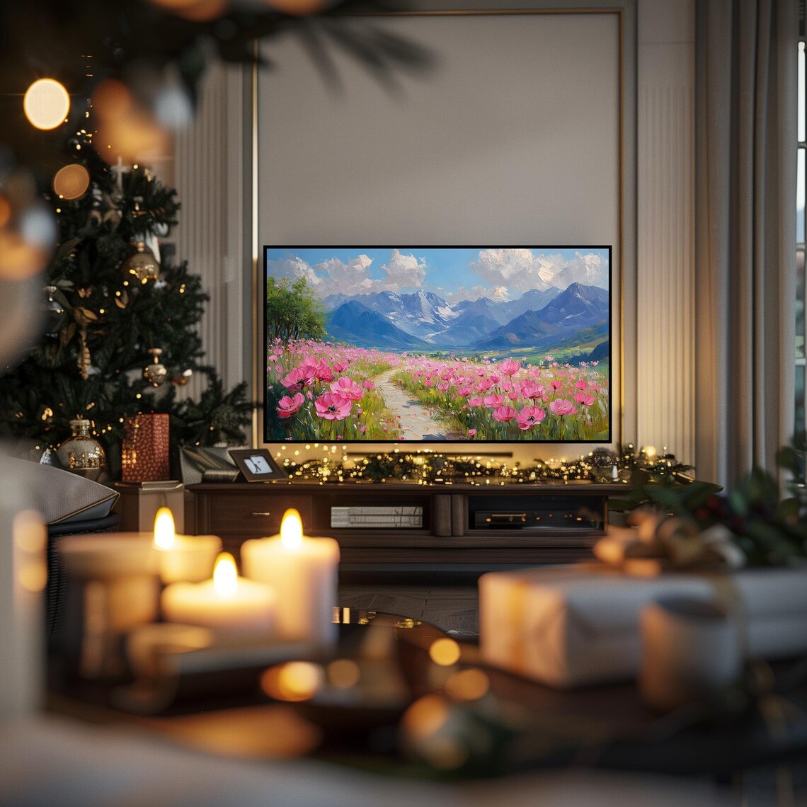 Pink Poppy Field Flower Path Snowy Mountains Spring Scenic Wall Art - Image 3