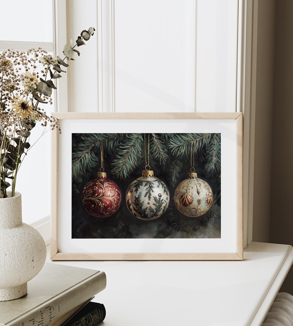 Three Vintage Glass Christmas Ornaments Hanging On A Fir Branch Poster - Image 6
