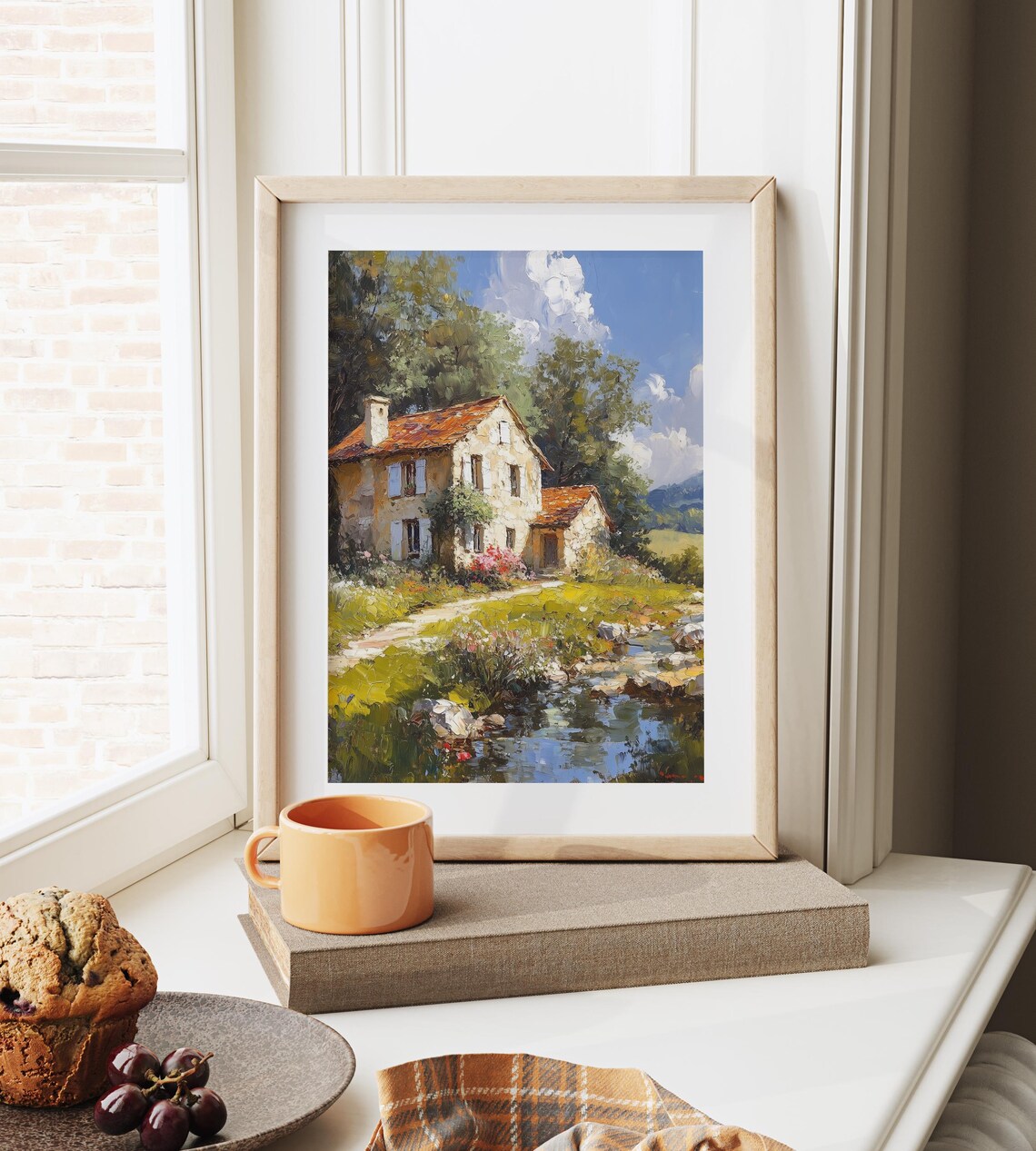 Stone Farmhouse by a Stream Sunlit Summer Countryside Poster - Image 4