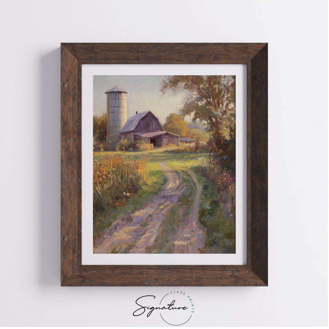 Old Red Barn With a Tall Silo Beside a Sunlit Country Road Poster - Image 4