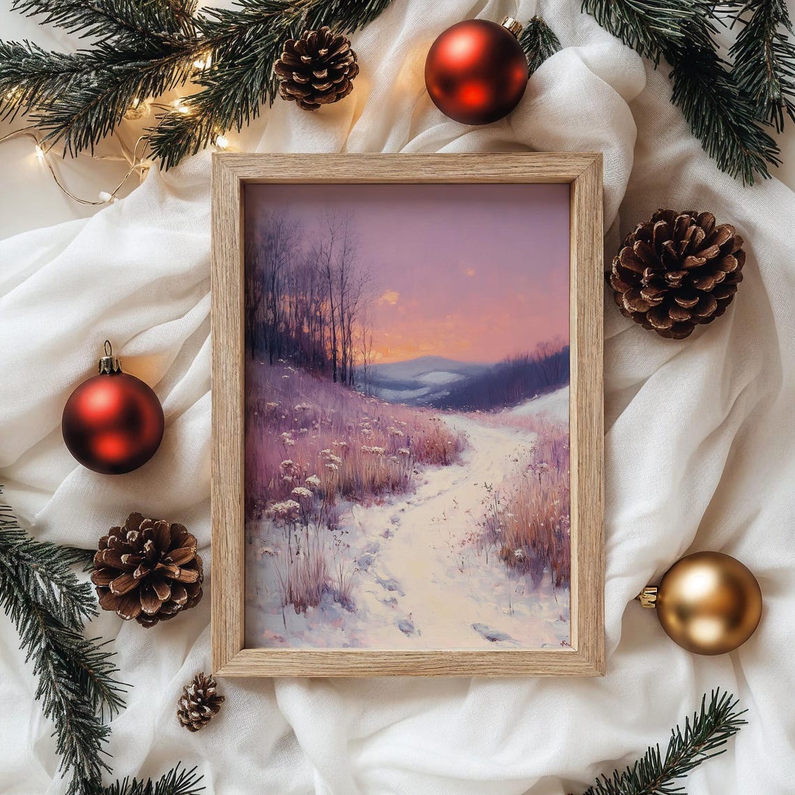 Snowy Hillside Path Purple Evening Glow Winter Landscape Poster - Image 4