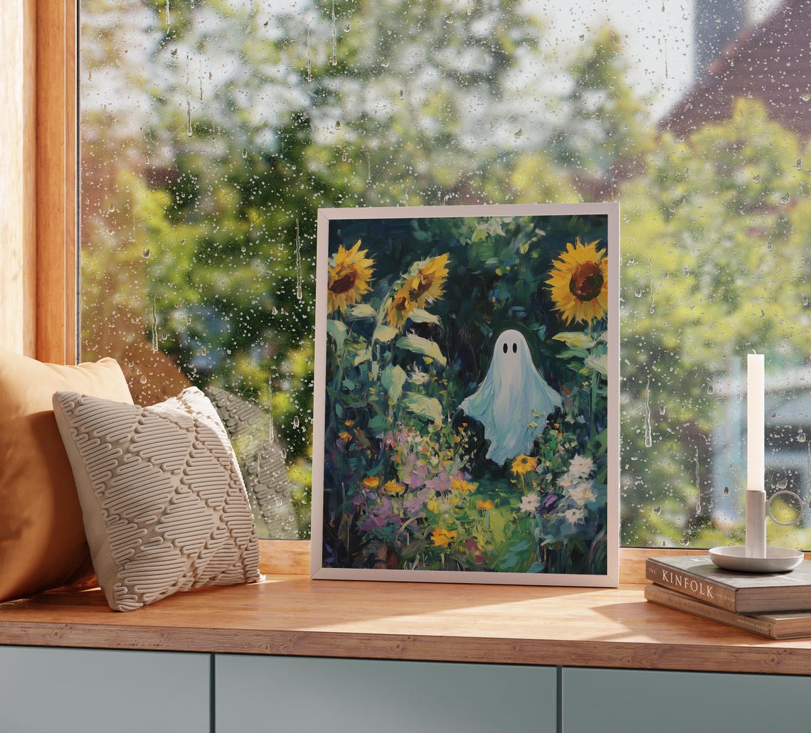 White Ghost Sunflower Garden Dark Green Wildflowers Art Poster - Image 2