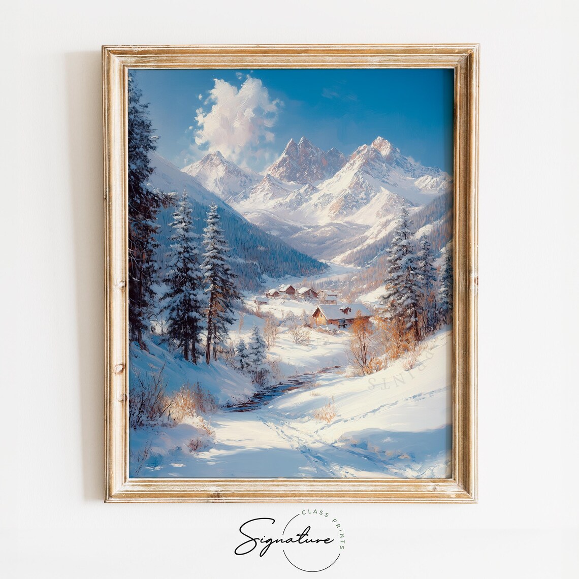 Snowy Mountain Village Cabins Alpine Winter Landscape Poster