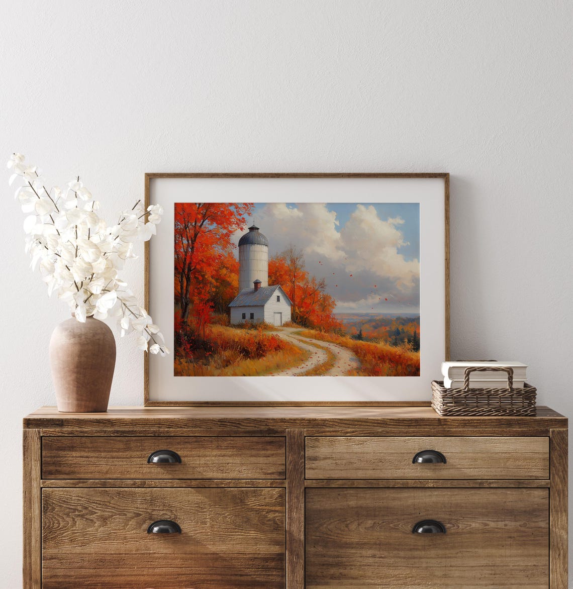 White Farmhouse with Silo Along Winding Road in Autumn Poster - Image 3