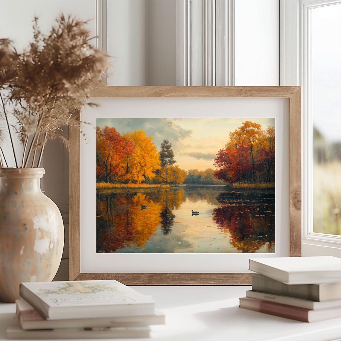 Ducks On Autumn Lake Still Water Fall Reflection Vintage Lake Poster - Image 2