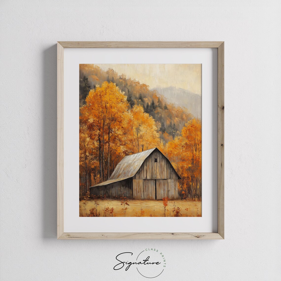 Weathered Wooden Barn Beneath Golden Autumn Trees and Hills Poster - Image 3