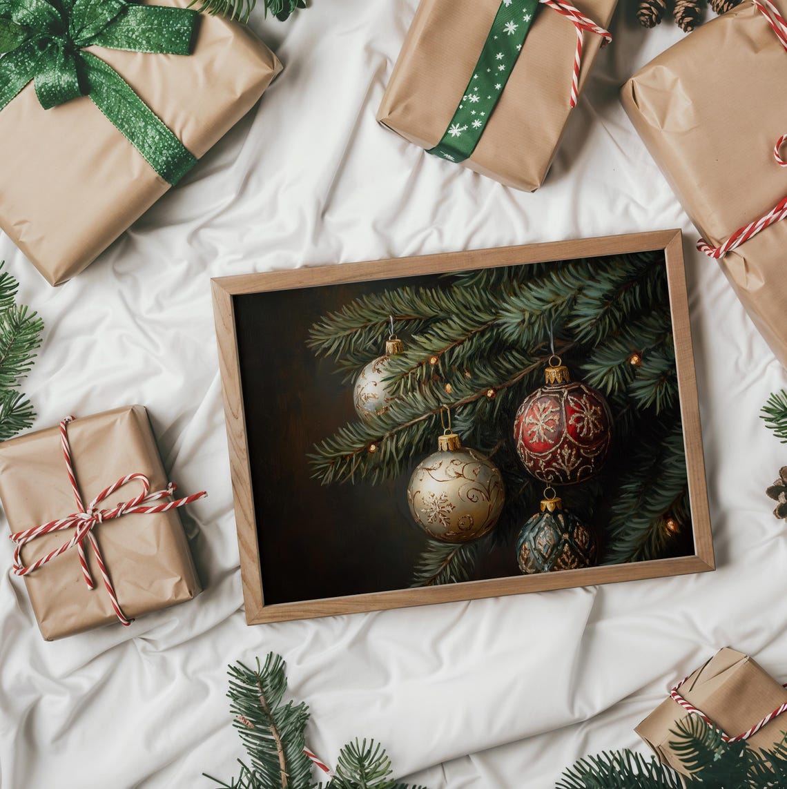 Four Ornate Vintage Christmas Ornaments On A Dark Fir Branch Poster - Image 2