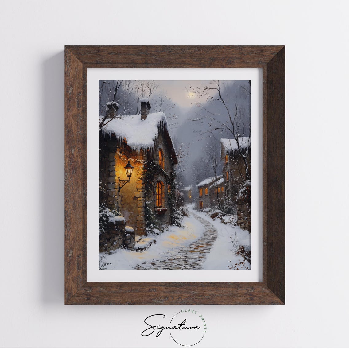 Snowy Stone Cottage Lane at Dusk with Glowing Lantern Poster - Image 3