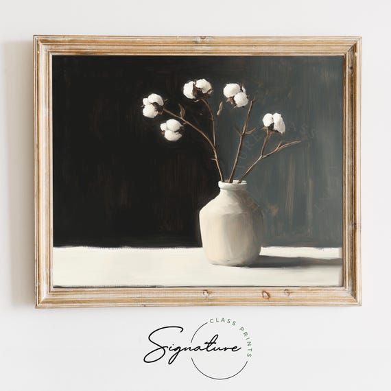 Cotton Stems In Rustic Vase Earthy Minimalist Still Life Farmhouse Cottagecore Wall Decor Neutral Moody Art Print 1670