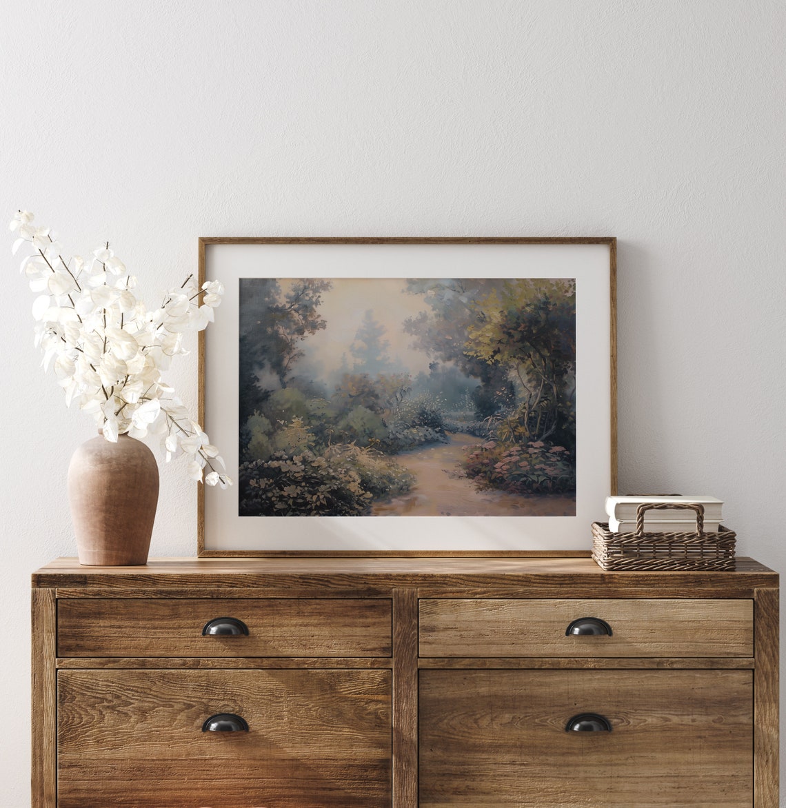 Misty Garden Path Through Blooming Shrubs Soft Impressionist Poster - Image 3