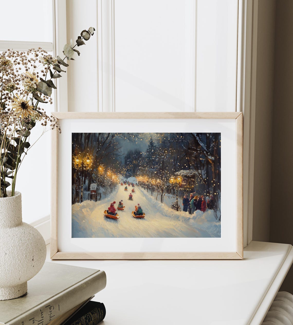 Children Sledding on Snowy Hill Winter Evening Oil Painting Print - Image 6