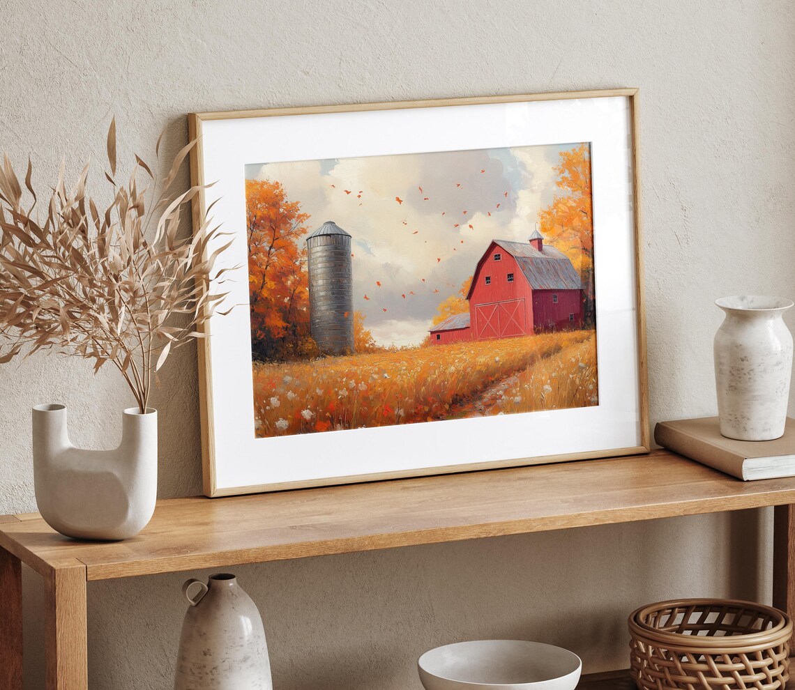 Red Barn and Silo in Golden Field with Falling Autumn Leaves Poster - Image 4