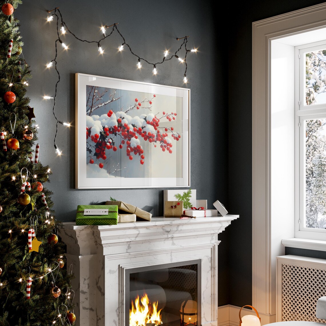 Snow Covered Fresh Red Berries Branch Winter Oil Painting Poster - Image 4