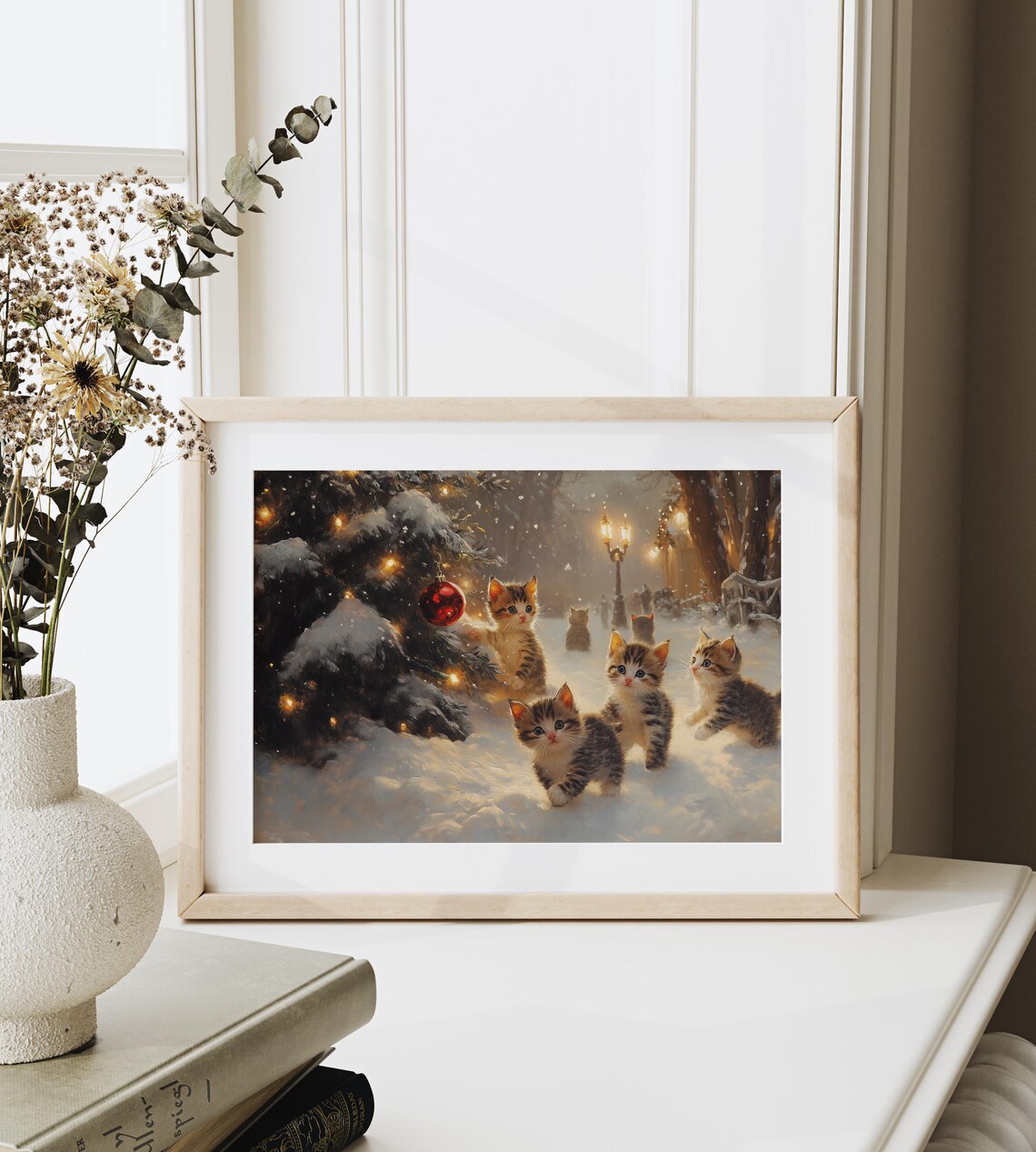 Playful Kittens in a Snowy Forest With Christmas Lights Night Poster - Image 6