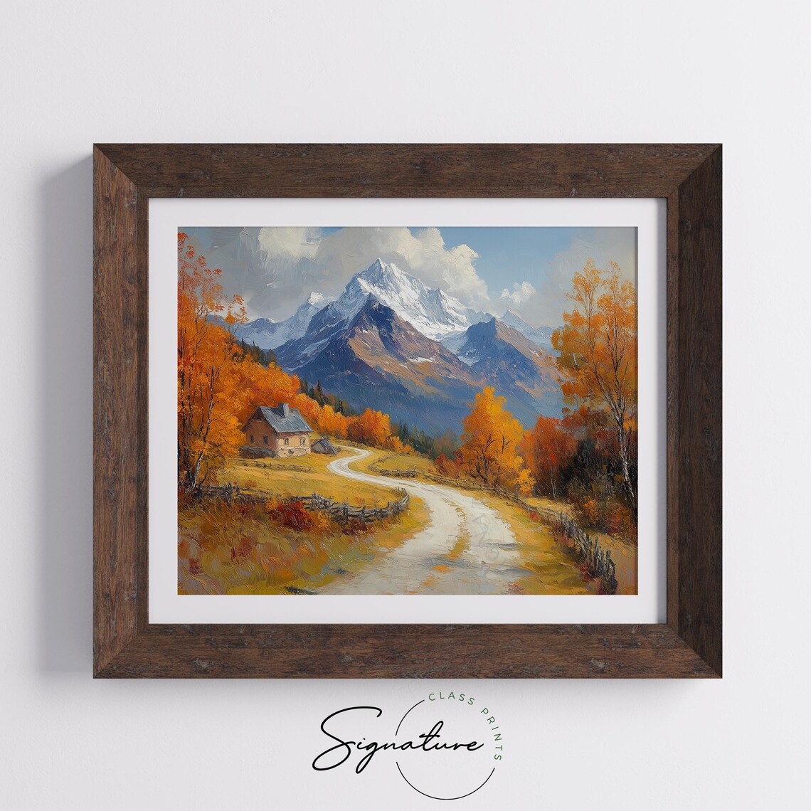 Cabin Autumn Forest Dirt Road Snowy Peak Oil Painting Poster - Image 5
