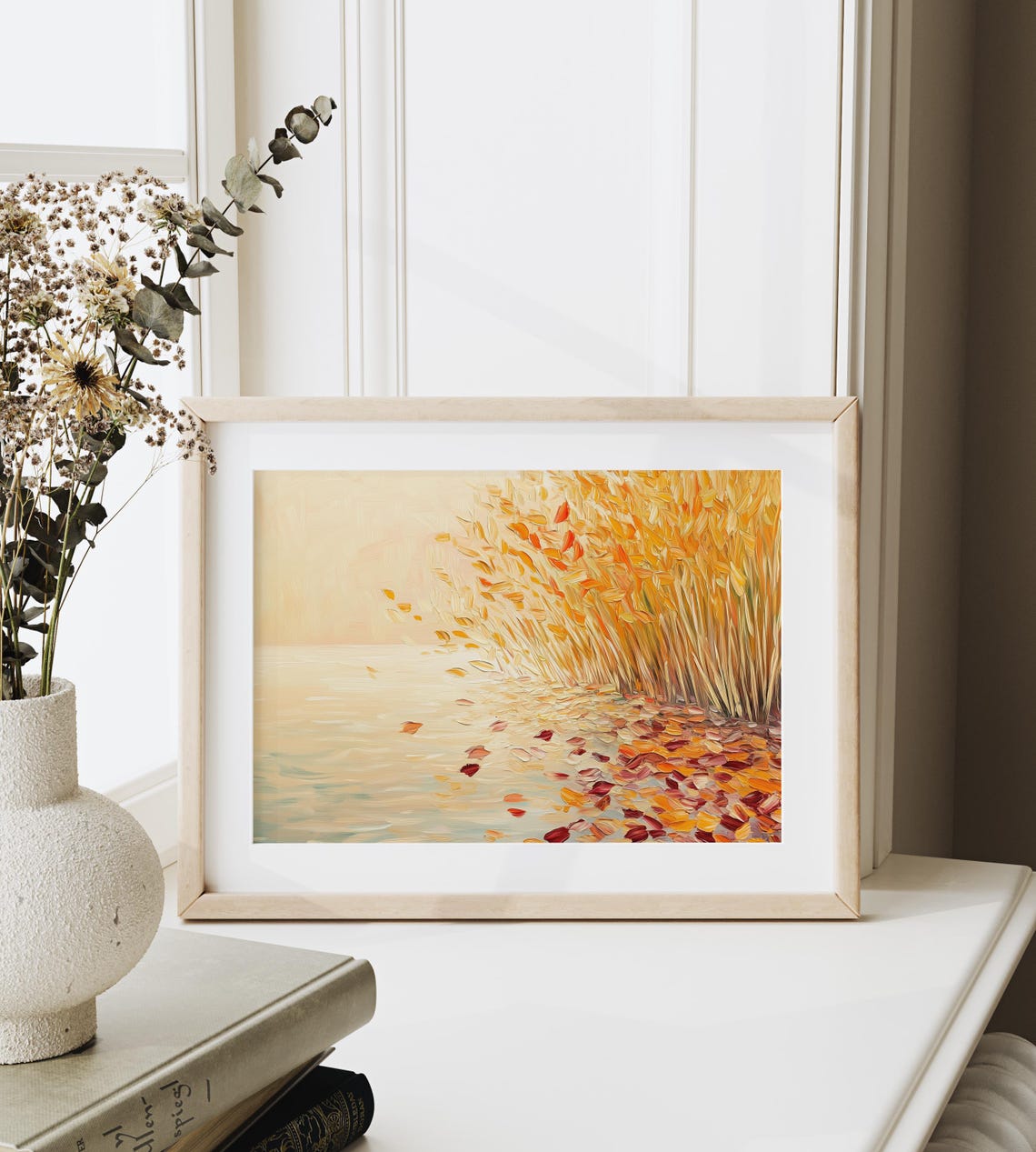 Minimalist Golden Reeds And Falling Leaves Soft Autumn Lakeside Poster - Image 6