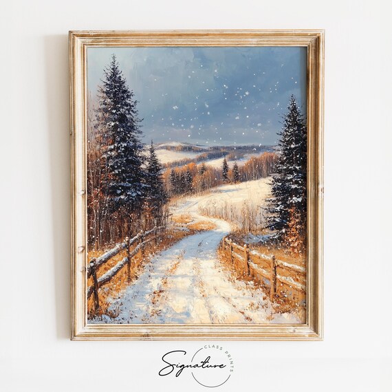Snowy Fenced Path through Winter Evergreens with Falling Snow Poster