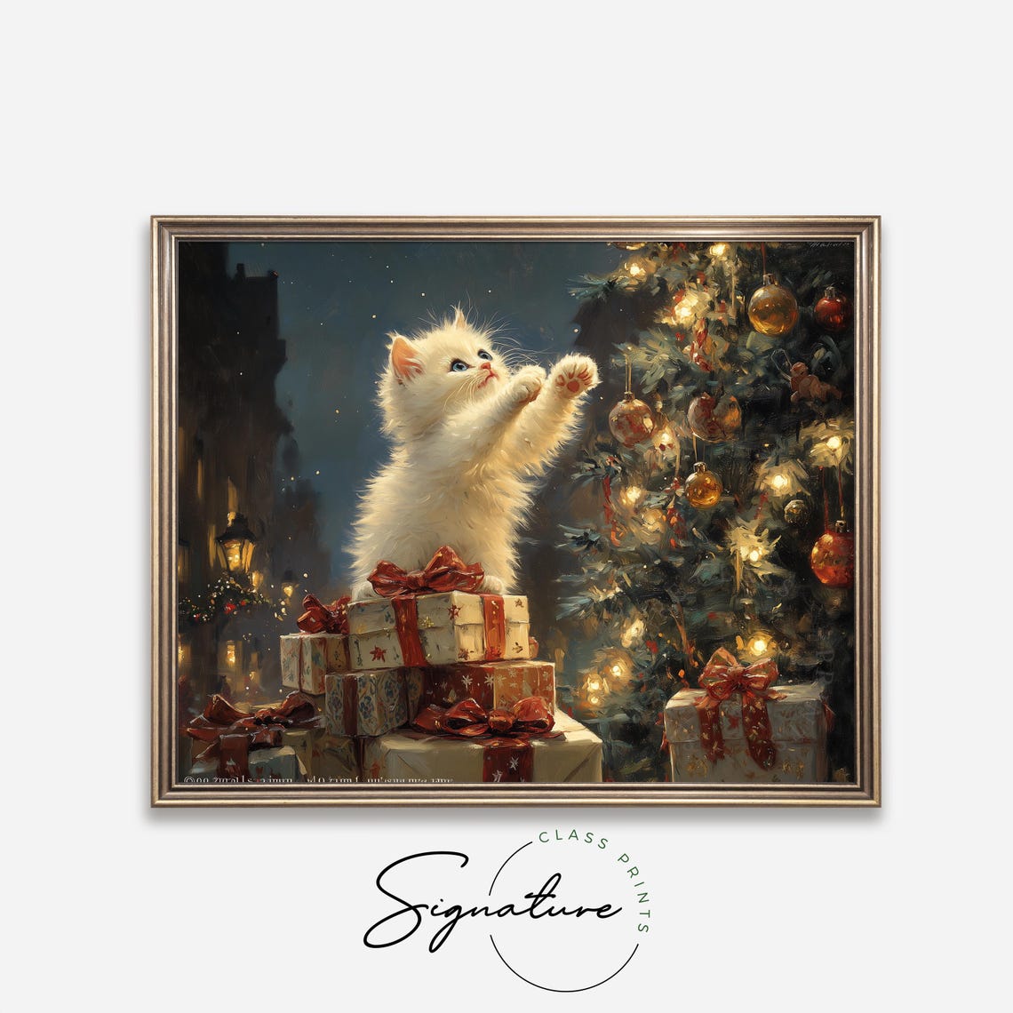 White Kitten Climbing Christmas Gifts Reaching for Baubles Poster - Image 4