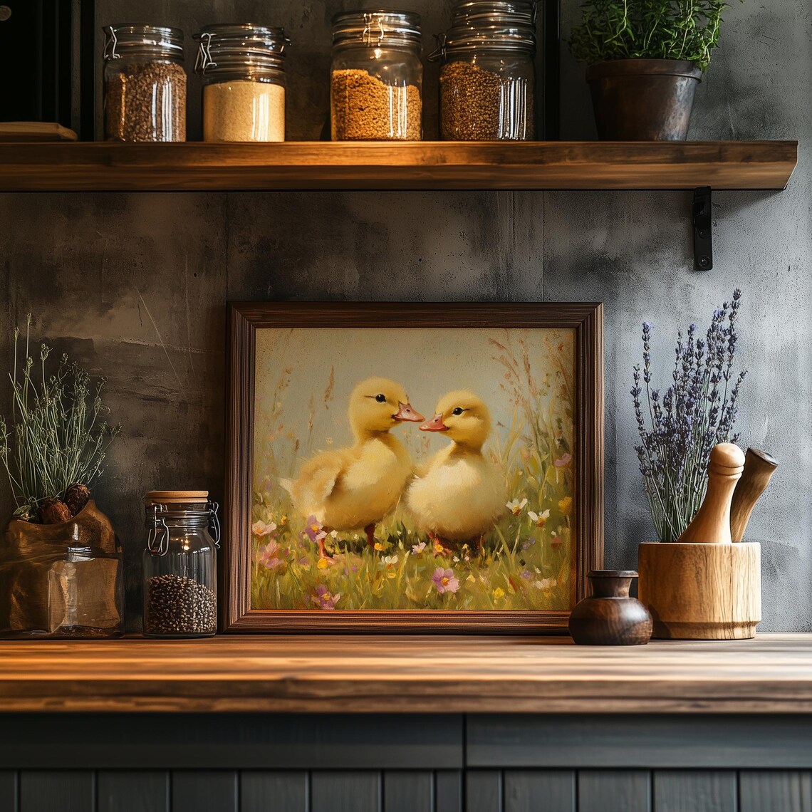 Two Baby Ducklings Beak to Beak Wildflower Meadow Spring Art Poster - Image 2