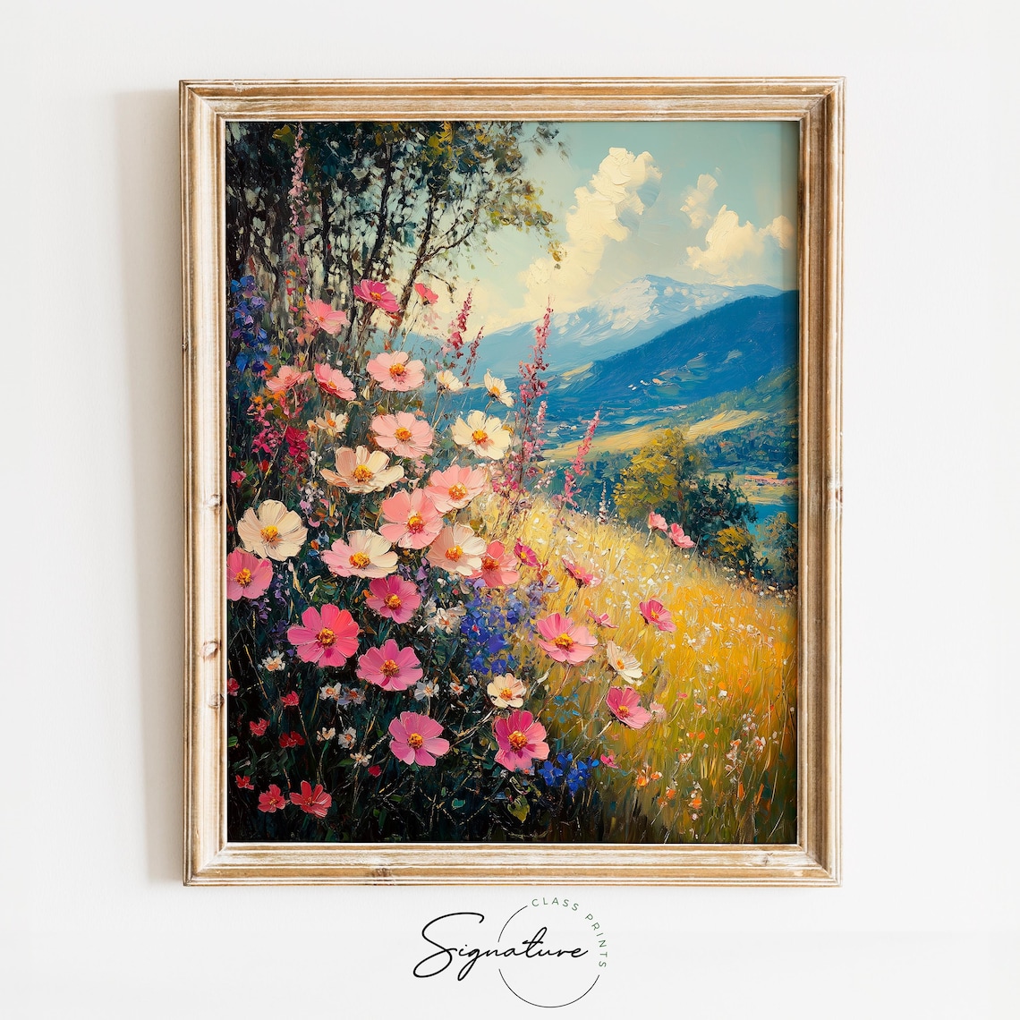 Vibrant Pink Wildflower Meadow Mountain Landscape Art Poster
