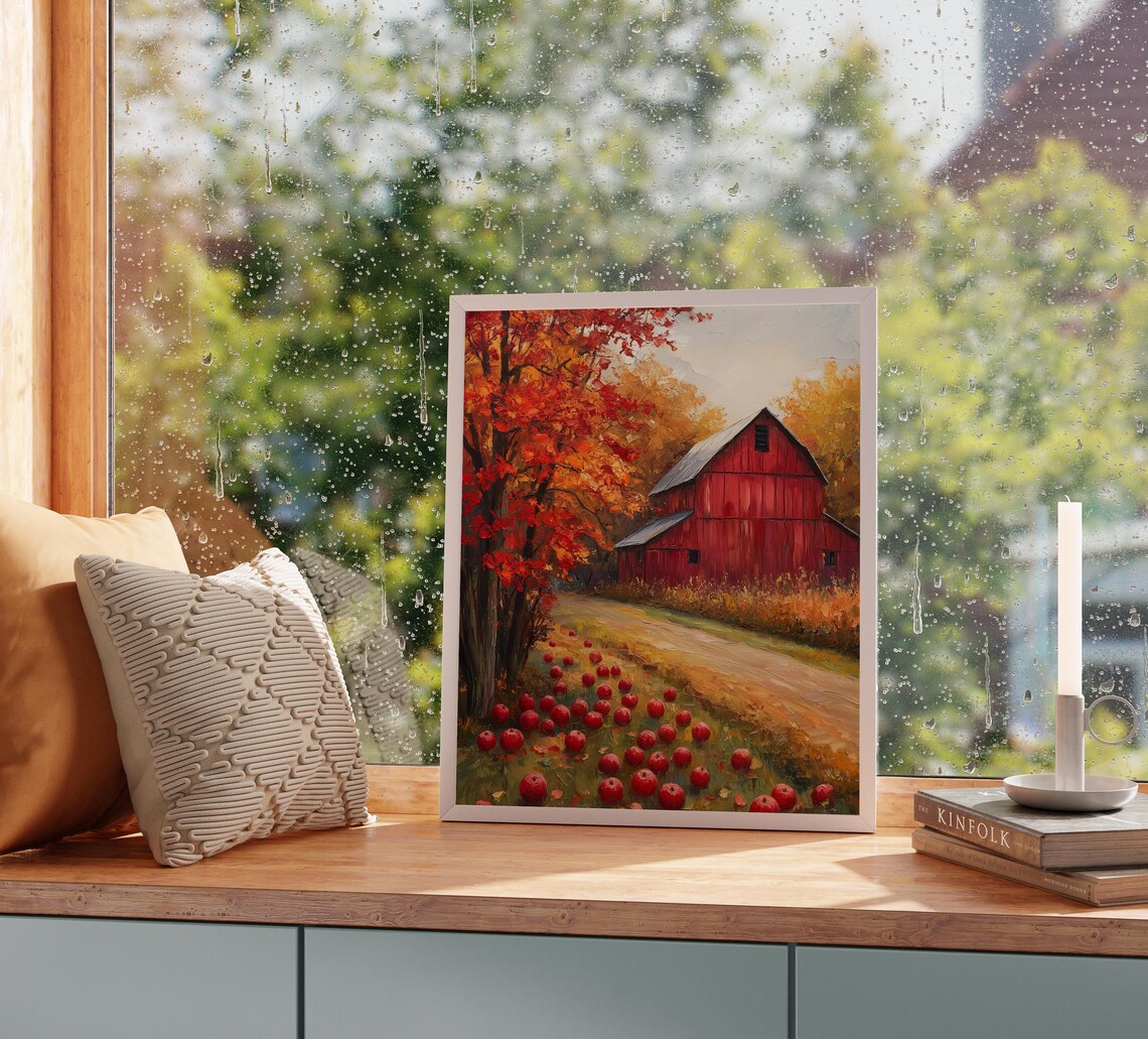 Red Barn With Fallen Apples Scattered Beneath Blazing Autumn Trees Wall Art - Image 2