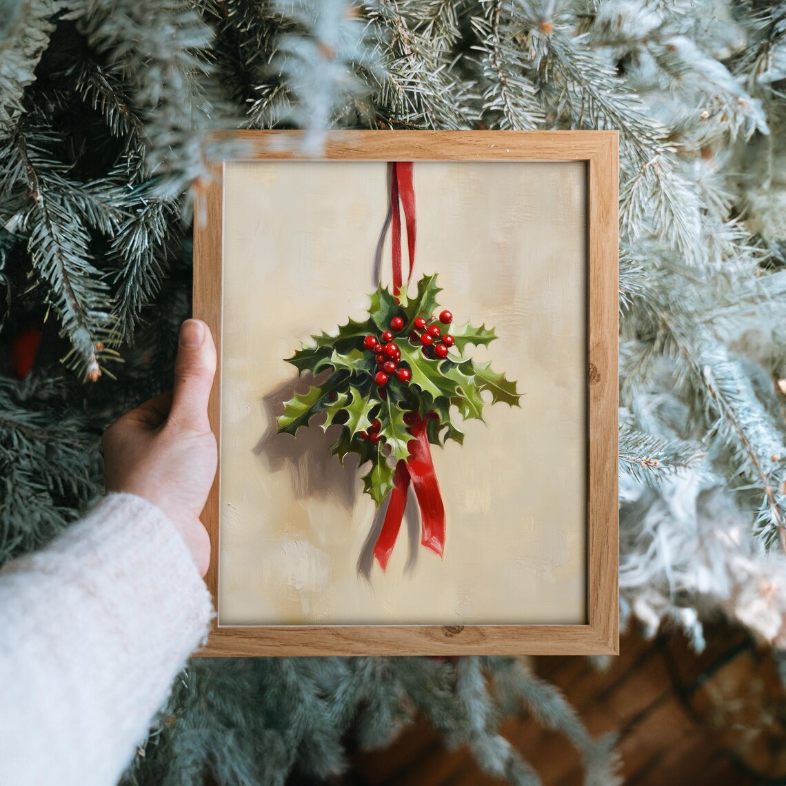 Hanging Holly Bouquet with Red Ribbon Christmas Botanical Poster - Image 6