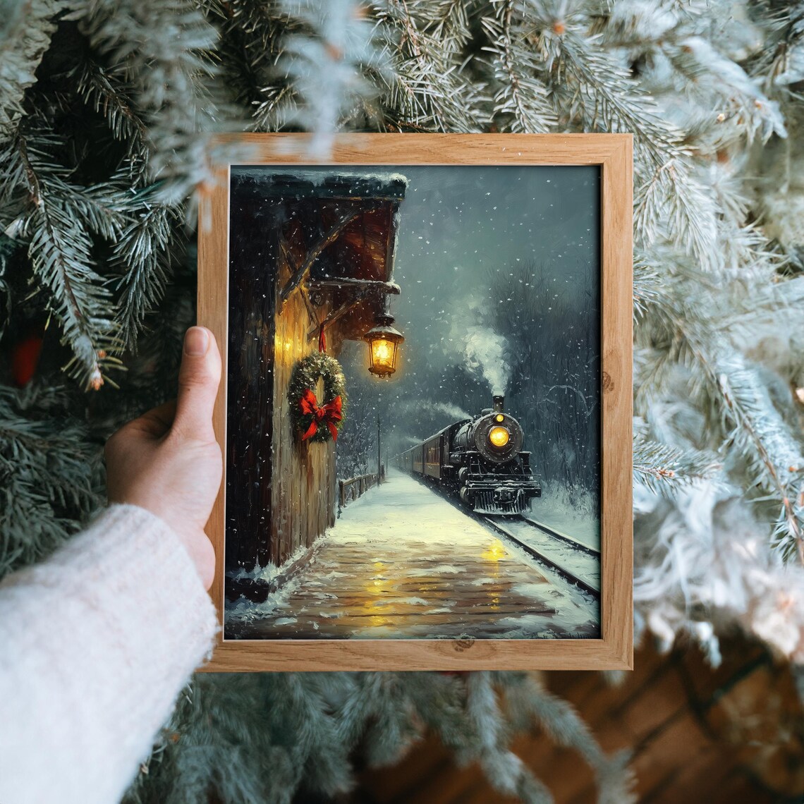 Steam Train Arriving at Snowy Station With Holiday Wreath Night Poster - Image 6