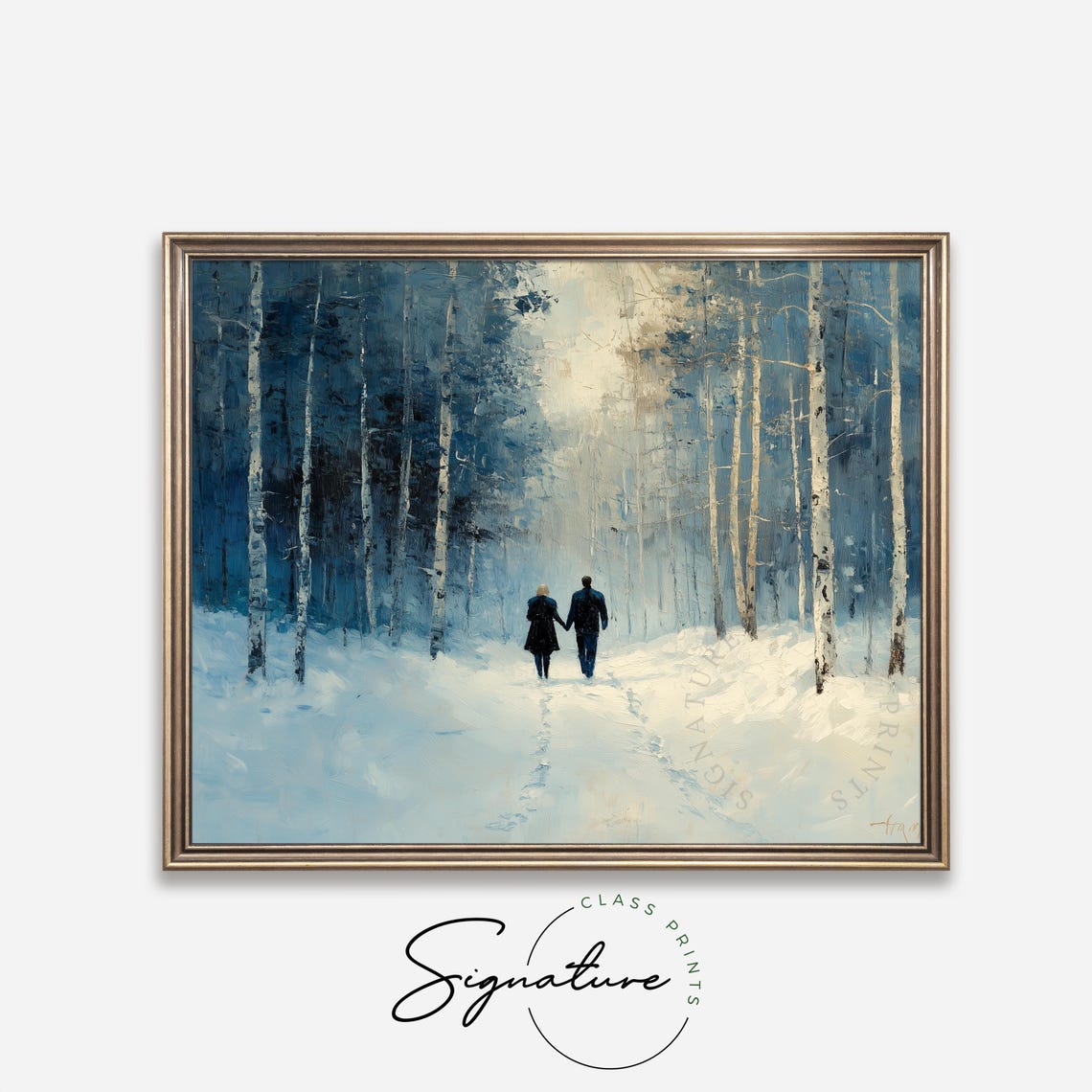 Romantic Couple Walking Through A Snowy Birch Forest Winter Poster - Image 4