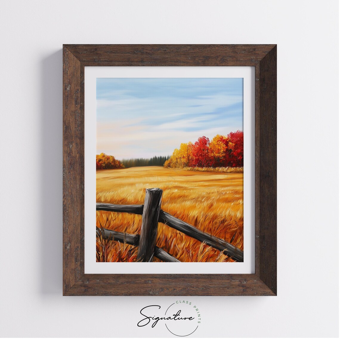 Split Rail Fence Across Golden Meadow With Fiery Autumn Treeline Wall Art - Image 4
