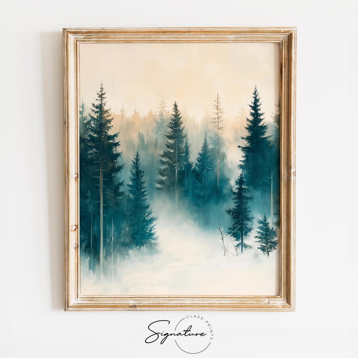 Golden Sunset over Snowy Mountain Valley Between Pines Poster