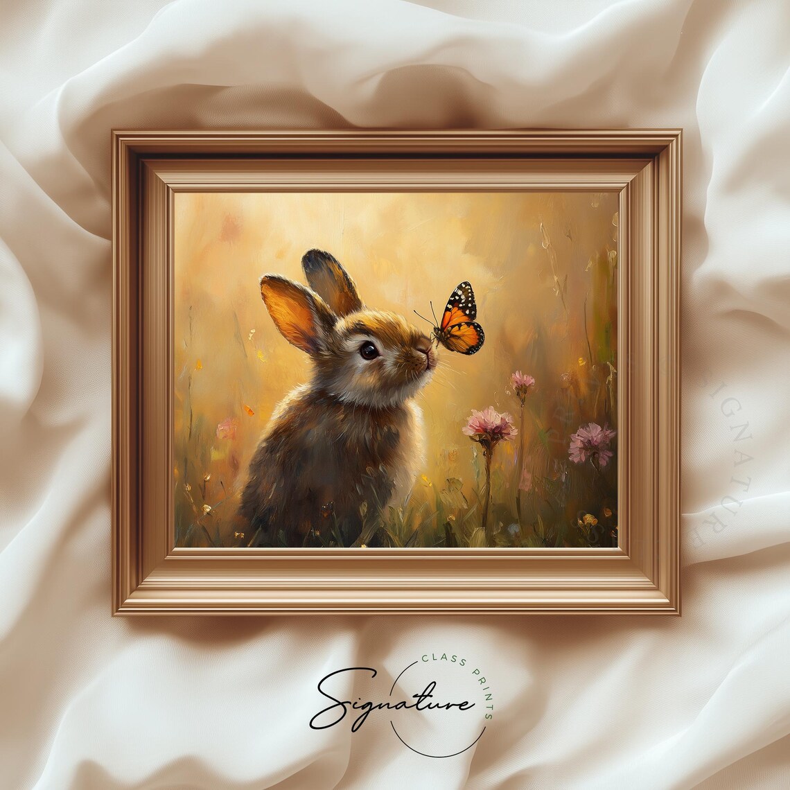 Bunny with Butterfly on Nose Golden Hour Spring Meadow Art Poster