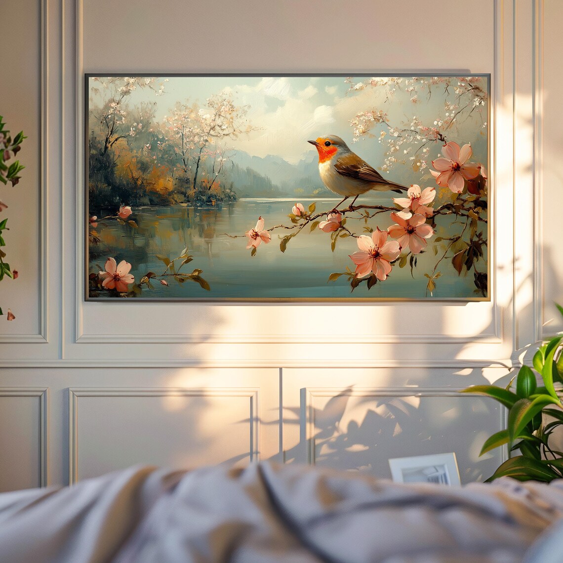 Robin Perched Blooming Branch Pink Blossoms Lakeside Mountain View Poster - Image 4