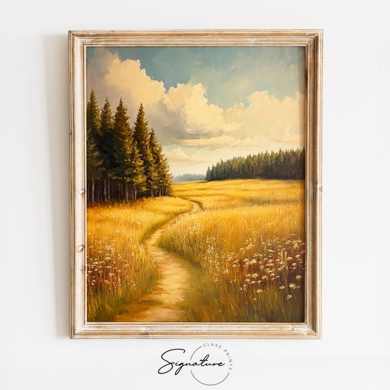 Meadow With Rolling Hills And Golden Light Serene Cottagecore Landscape Art Pastoral Rustic Scene Painting 3052