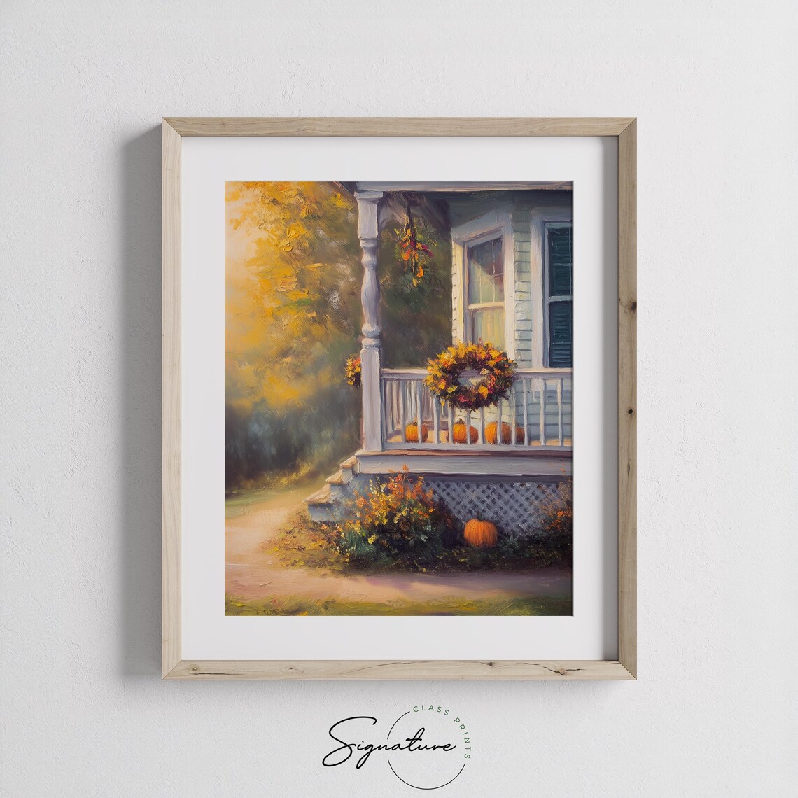 Charming Cottage Porch Decorated with Pumpkins and a Fall Wreath Poster - Image 3