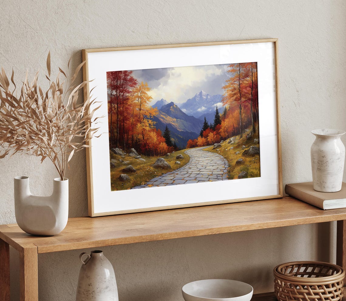 Cobblestone Trail Autumn Rocks Forest Mountain Oil Painting Poster - Image 4