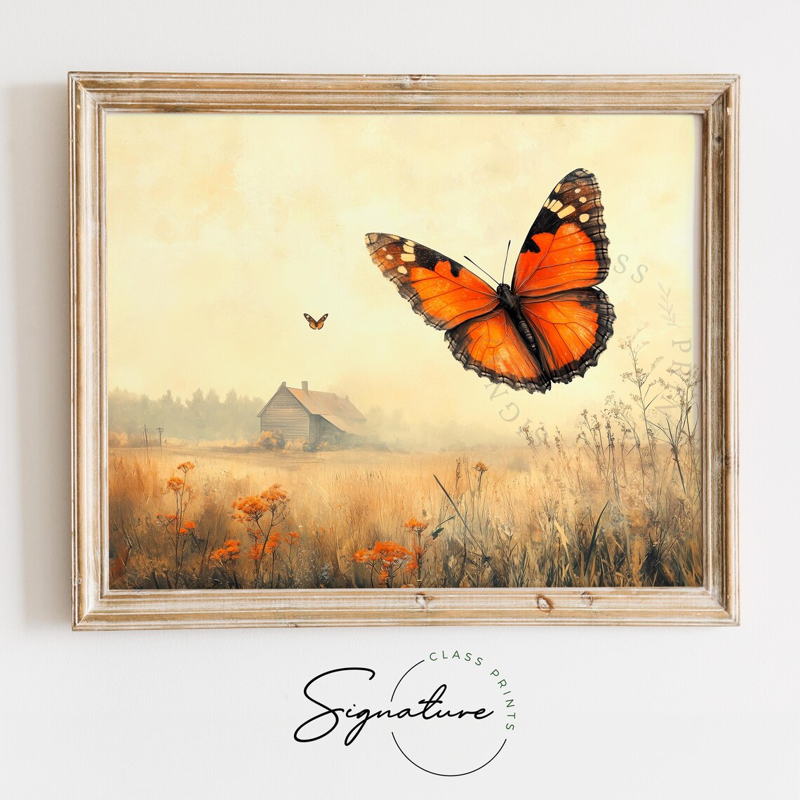 Orange Butterflies Golden Wheat Field Rustic Barn Autumn Morning Art Poster