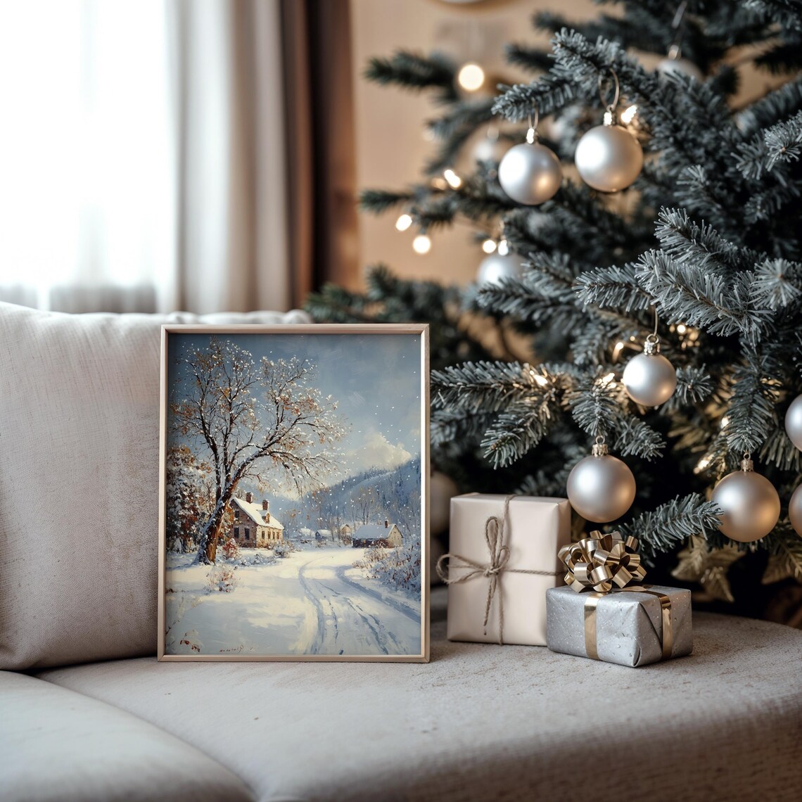 Snowy Village With Big Oak Tree And Cottages At Midday Poster - Image 5